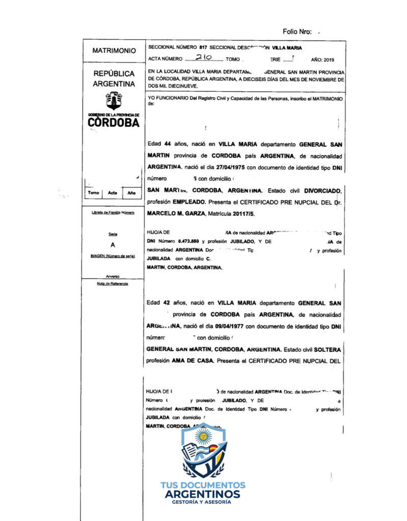 Acta de matrimonio argentino desde España
