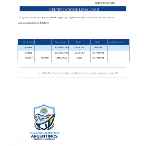 Certificado de Legalidad de Registro de Conducir Argentino