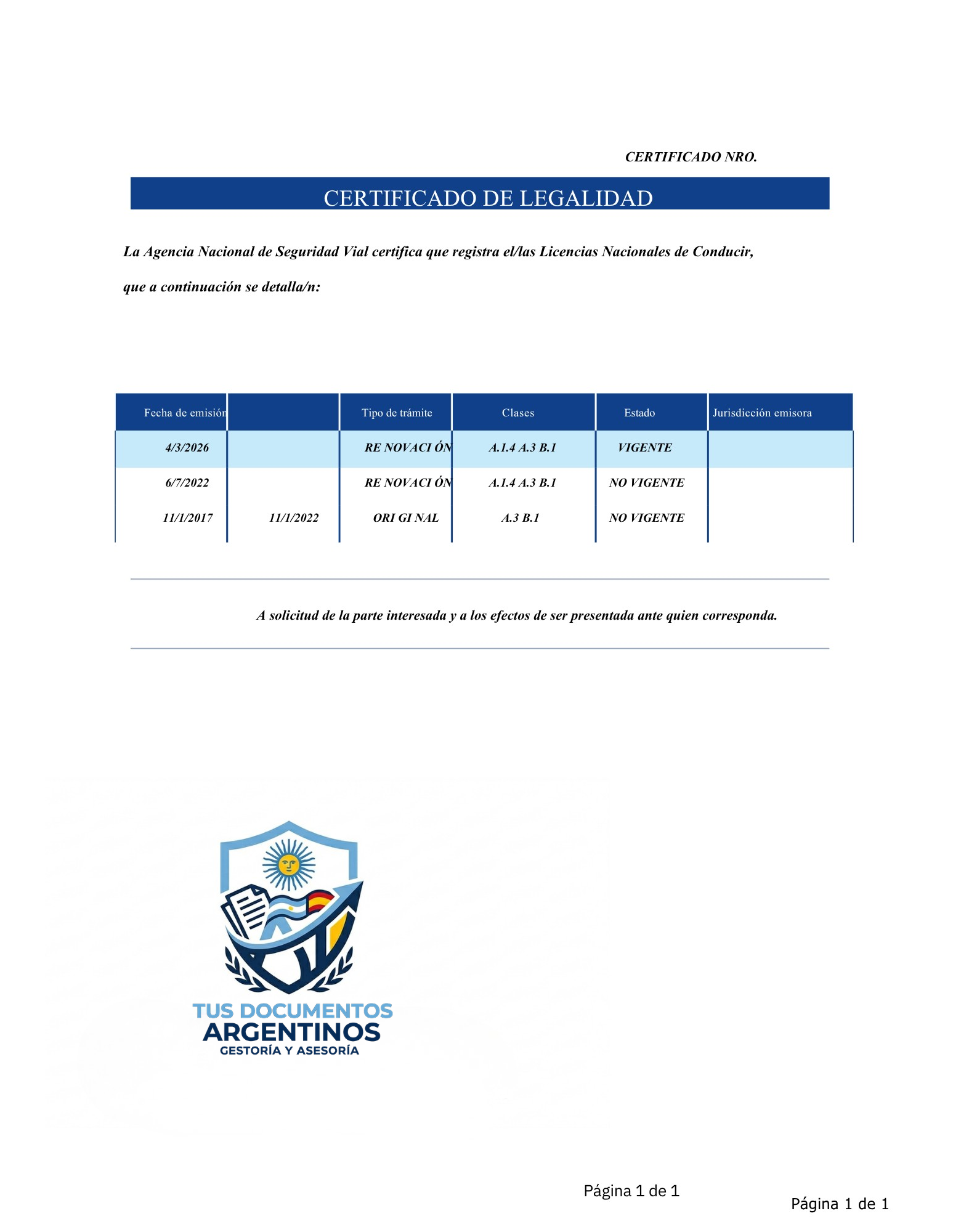 Certificado de Legalidad de Registro de Conducir Argentino