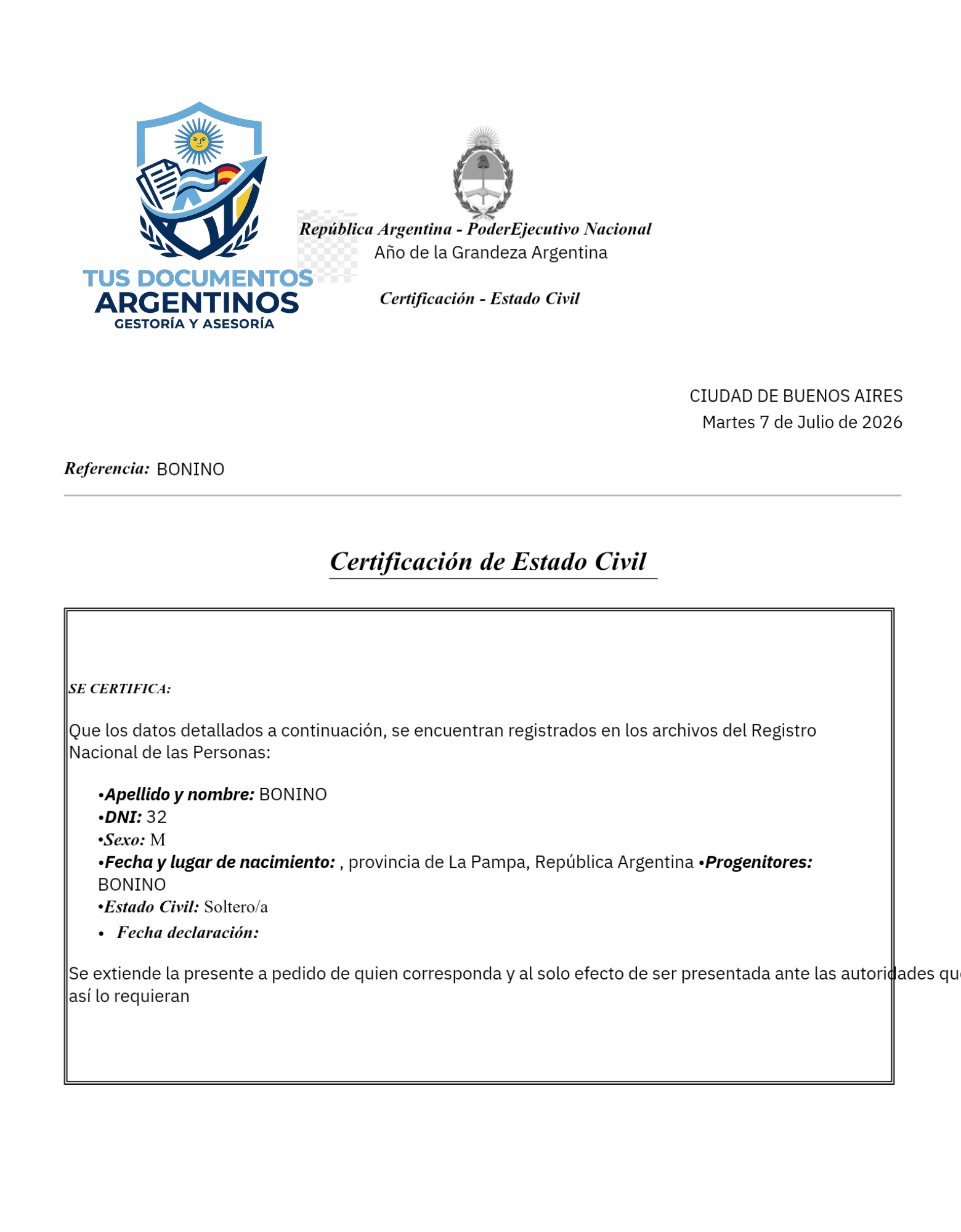 certificado de solteria argentino