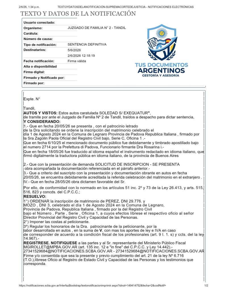 Inscripción de matrimonio argentinos celebrado en España