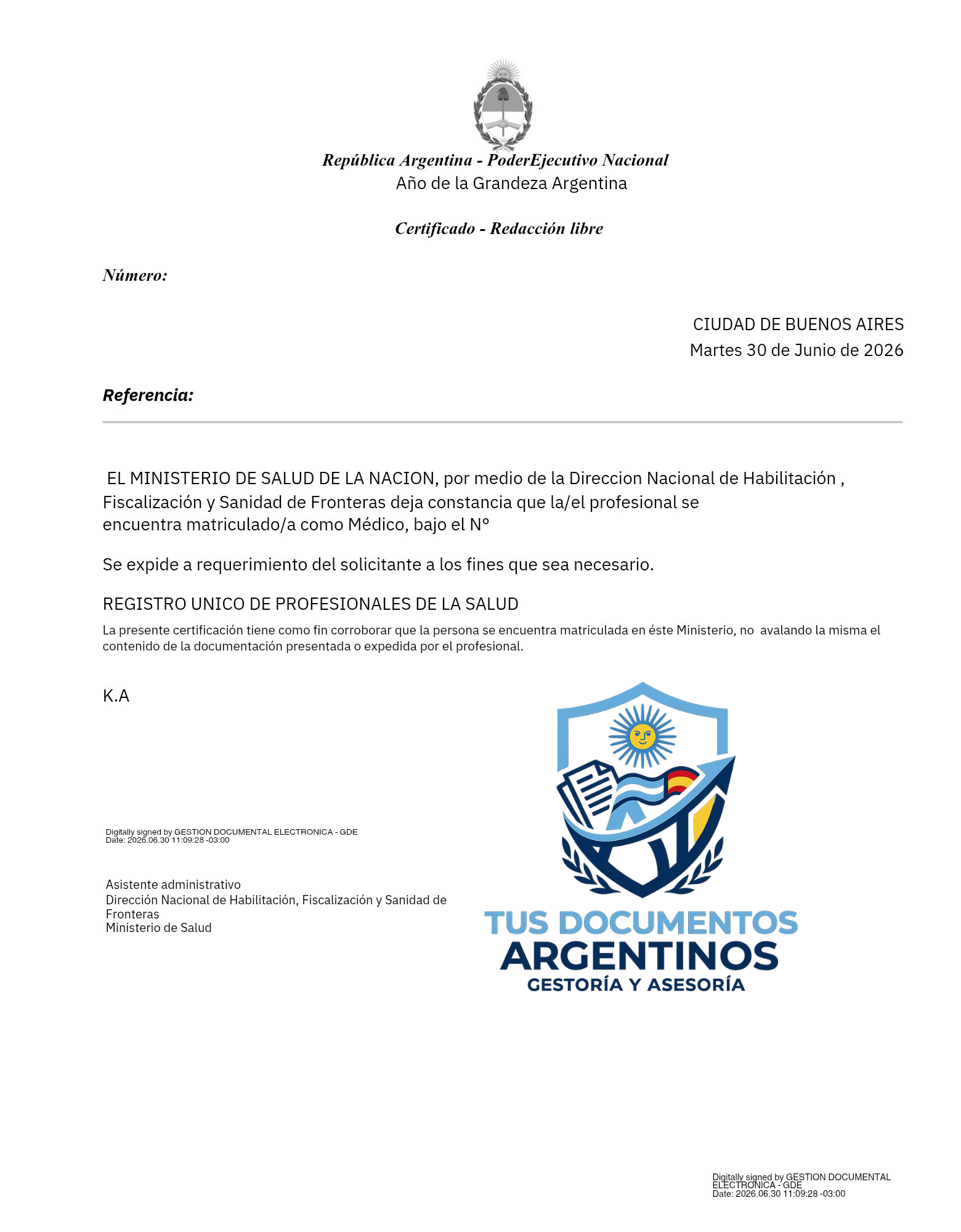 Legalización del Ministerio de Salud Argentina